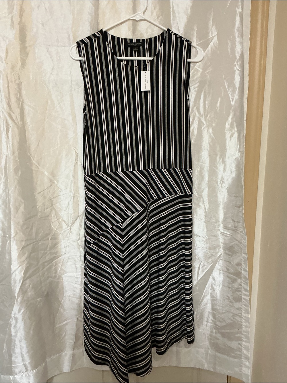 Banana Republic NWT L Black White Striped Midi Dress Asymmetrical Hem